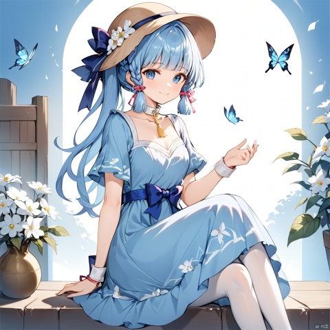  genshin_impact kamisato_ayaka commentary highres 1girl back_bow blue_bow blue_dress blue_eyes blue_hair blunt_bangs blush boots bow braid brown_footwear brown_headwear butterfly_hair_ornament closed_mouth collar dress flower hair_flower hair_ornament hair_up hand_up hat hat_ribbon light_blue_hair long_hair looking_at_viewer mole mole_under_eye official_alternate_costume official_alternate_hairstyle pantyhose ribbon sitting smile solo white_collar white_flower white_pantyhose white_ribbon, saibofeng, jastyle, guofeng, light master