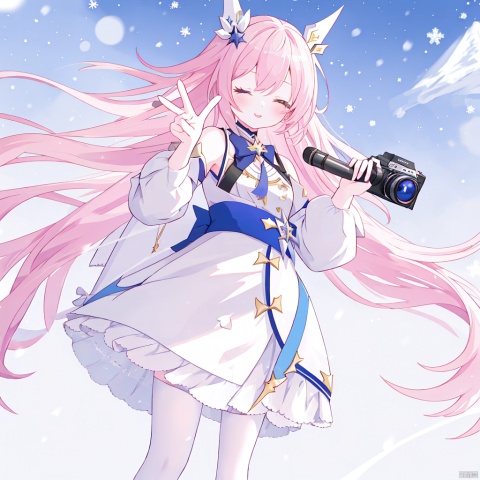  1girl,march7 honkai star rail,holding camera,one eye closed,pointing at viewer,outsside,winter,
BREAK blurry background,, masterpiece, best quality