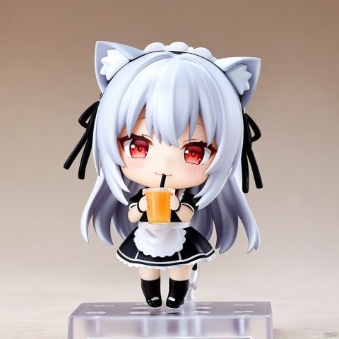 Nendoroid:0.3, white_background,1girl, loli,solo,white hair,long hair,bangs,red eyes,maid,cat ears,

:3, chibi, virtual_youtuber, drinking_straw, closed_eyes, cup, white_background, simple_background, drinking, holding, holding_cup, , Nendoroid