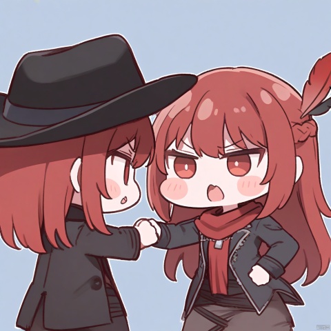  1girl, solo,red hair, black hat, Cowboy hat, hat feather,red scarf, black jacket, dog_tags,chibi,
 ,white_background,simple_background,
 meme,
 solo, upper_body, serious_expression, stern_face, open_mouth, looking_to_the_right, left_hand_refusal, palm_facing_right, left_hand_extended_to_the_right, emphasizing_opinion, argumentative, assertive, making_a_point, debate, disagreement, passionate, intense_debate, standing_firm, conviction, verbal_sparring, gesticulating, finger_wagging, emphatic, resolute, strong_disagreement, argument_fist, clenched_hand, commanding_presence, intense_eye_contact, unyielding, confrontational, vehemence, forceful_expression, directional_pointing, rejecting_gesture, left_hand_outstretched, meme_potential, relatable