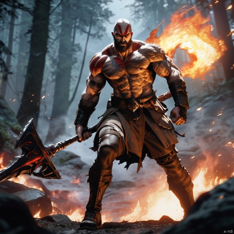  God of War, Kratos from God of War holding a glowing battle axe in his hands, looking determined, ready for a fight, standing inside a dark forest, Asgard, VFX, fire special effect, dynamic actions, cinematic film shot, highly detailed, ultra-high resolutions, 32K UHD, sharp focus, best quality, masterpiece
