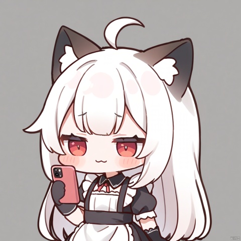  1girl, loli,solo,white hair,long hair,bangs,red eyes,maid,cat ears,

:3, holding, phone, closed_eyes, ahoge, holding_phone, cellphone, virtual_youtuber, gloves, chibi, transparent_background, black_gloves, simple_background, upper_body, frown, closed_mouth, white_background,