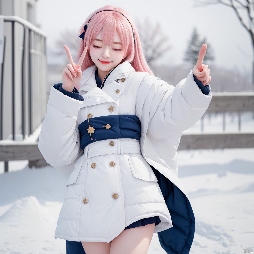  1girl,march7 honkai star rail,holding camera,one eye closed,pointing at viewer,outsside,winter,
BREAK blurry background,, masterpiece, best quality