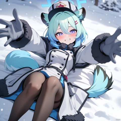 masterpiece, best quality,

shigure \(blue archive\), 1girl, animal ears, halo, solo, tail, smile, fur trim, gloves, blush, hairclip, hat, looking at viewer, grey gloves, reaching towards viewer, weasel ears, reaching, grin, weasel tail, lying, purple eyes, snow, long sleeves, hair ornament, snowing, blue halo, hair between eyes, flask, on back, green hair, jacket, outstretched arms, pantyhose, short hair, coat, pouch, grey headwear, white gloves, blue eyes, fur-trimmed coat, feet out of frame, blue hair ,