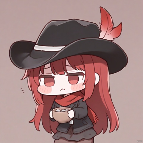  1girl, solo,red hair, black hat, Cowboy hat, hat feather,red scarf, black jacket, dog_tags,chibi,
 ,white_background,simple_background,
 meme,
solo, begging, hands Holding bowl, poor, destitute, seeking_alms, humble_request, down_on_fortune, charity, compassion, help_me, pleading, desperation, poverty, need, humble_circumstances, outstretched_bowl, gesture_of_sorrow, sympathy, empathy, plea_for_help, down_and_out, in_need, meme_potential, relatable