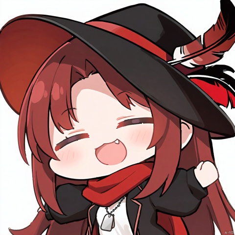  1girl, solo,red hair, black hat, hat feather, red scarf, black jacket, dog_tags,

open_mouth, xd, simple_background, upper_body, smile, white_background, closed_eyes, chibi, :d, open_clothes, 