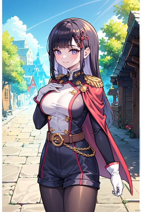 masterpiece, best quality, ,1girl, solo, pantyhose, black hair, gloves, long hair, white gloves, outdoors, uniform, purple eyes, shorts, cowboy shot, hair ornament, military, bangs, belt, military uniform, cape, epaulettes, long sleeves, breasts, blunt bangs, smile, closed mouth, jacket, standing, black pantyhose, buttons, red cape, multicolored hair, hair ribbon, brown pantyhose, ribbon, large breasts, aiguillette, double-breasted
