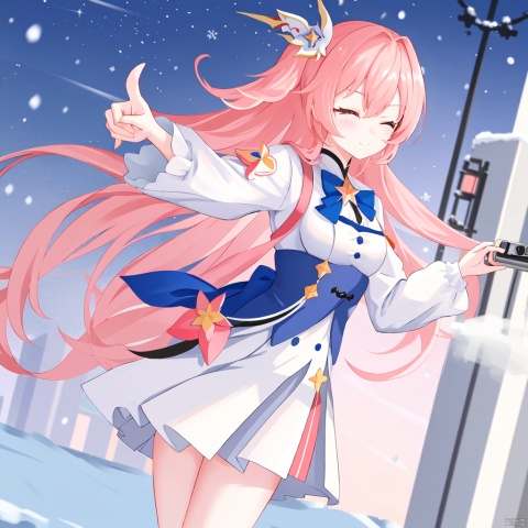  1girl,march7 honkai star rail,holding camera,one eye closed,pointing at viewer,outsside,winter,
BREAK blurry background,, masterpiece, best quality, wmchahua, Apricot eye