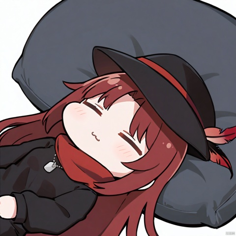 1girl, solo,red hair, black hat, hat feather, red scarf, black jacket, dog_tags,

:3, closed_eyes,pillow, sleeping, under_covers, on_back, white_background, lying,simple_background, closed_mouth, chibi