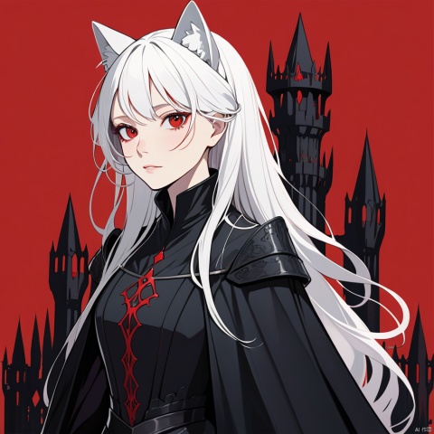 Girl, Catelyn, Royal Girl, Long hair, Knight, Catlady, Black dress, folded collar, black dress, Absolute field, Red Cape, White hair, blood red eyes, Cat ears, Rating: Safe, Long hair, Catelyn, Solo, caustics, Jewelry, red eyes, looking at the audience, Very long hair, Eyebrows visible through hair, blush, medium chest, bangs, blood red background