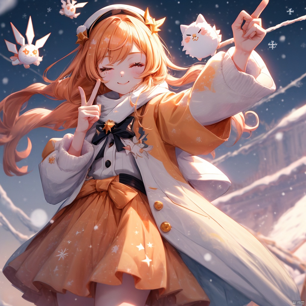  1girl,march7 honkai star rail,holding camera,one eye closed,pointing at viewer,outsside,winter,
BREAK blurry background,, masterpiece, best quality, wmchahua, Apricot eye,masterpiece