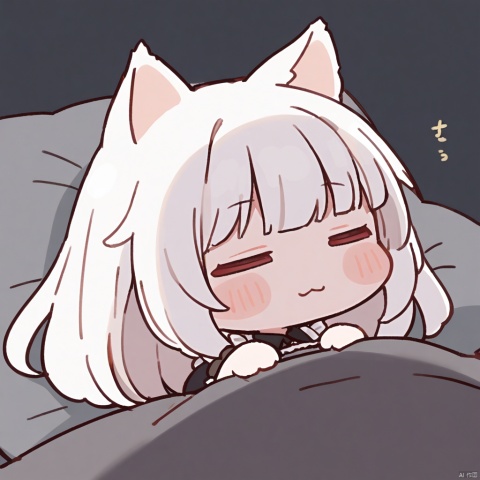  1girl, loli,solo,white hair,long hair,bangs,red eyes,maid,cat ears,

:3, closed_eyes,pillow, sleeping, under_covers, on_back, white_background, lying,simple_background, closed_mouth, chibi