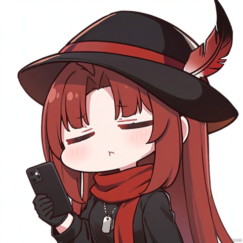  1girl, solo,red hair, black hat, hat feather, red scarf, black jacket, dog_tags,

holding, phone, closed_eyes, ahoge, holding_phone, cellphone, virtual_youtuber, gloves, chibi, transparent_background, black_gloves, simple_background, upper_body, frown, closed_mouth, white_background, 