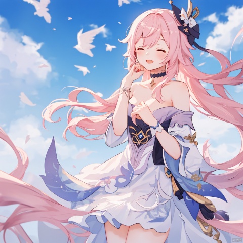  genshin_impact sangonomiya_kokomi commentary highres 1girl ^_^ bare_shoulders black_choker choker closed_eyes dress facing_viewer hand_up long_hair off-shoulder_dress off_shoulder pink_hair smile solo upper_bodymasterpiece, best quality,