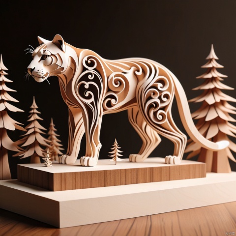  (wood sculpture minimalistic abstract scene with a mountain lion in nature), abstract, 3d render, strong, intricate details, (masterpiece)
paper cut, woodfigurez