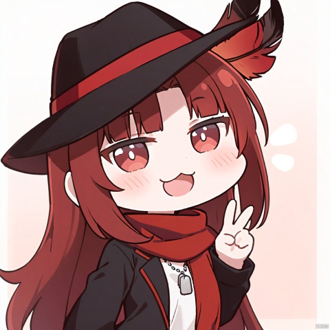  1girl, solo,red hair, black hat, hat feather, red scarf, black jacket, dog_tags,

open_mouth, r, :3, chibi, portrait, looking_at_viewer, smile, blunt_bangs, blush, :d ,