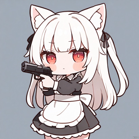  1girl, loli,solo,white hair,long hair,bangs,red eyes,maid,cat ears,

 weapon, gun, holding_weapon, aiming, holding_gun, aiming_at_viewer, holding, , handgun, chibi, virtual_youtuber, simple_background,