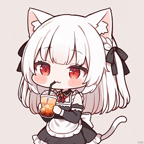  1girl, loli,solo,white hair,long hair,bangs,red eyes,maid,cat ears,

:3, chibi, virtual_youtuber, drinking_straw, closed_eyes, cup, white_background, simple_background, drinking, holding, holding_cup,
