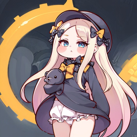 masterpiece, best quality, ,1girl, solo, long hair, abigail williams (fate), butterfly, teddy bear, stuffed animal, blonde hair, blue eyes, orange bow, bow, hat, sleeves past wrists, very long hair, polka dot bow, black bow, black dress, hair bow, polka dot, long sleeves, sleeves past fingers, looking at viewer, object hug, white bloomers, underwear, parted lips, forehead, grey background, blush, holding stuffed toy, closed mouth, cowboy shot