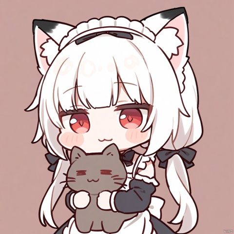  1girl, loli,solo,white hair,long hair,bangs,red eyes,maid,cat ears,

 :3, bow, closed_eyes, holding_cat, holding, upper_body, chibi, simple_background, closed_mouth, =_=, white_background,