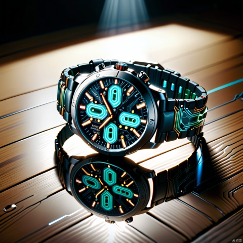 close-up of a mad-circuit watch with leather wristband lying on a wooden table and covered with water droplets, spotlight, reflection, dramatic lighting, cinematic shot , made of circuits ,mad-circuit 