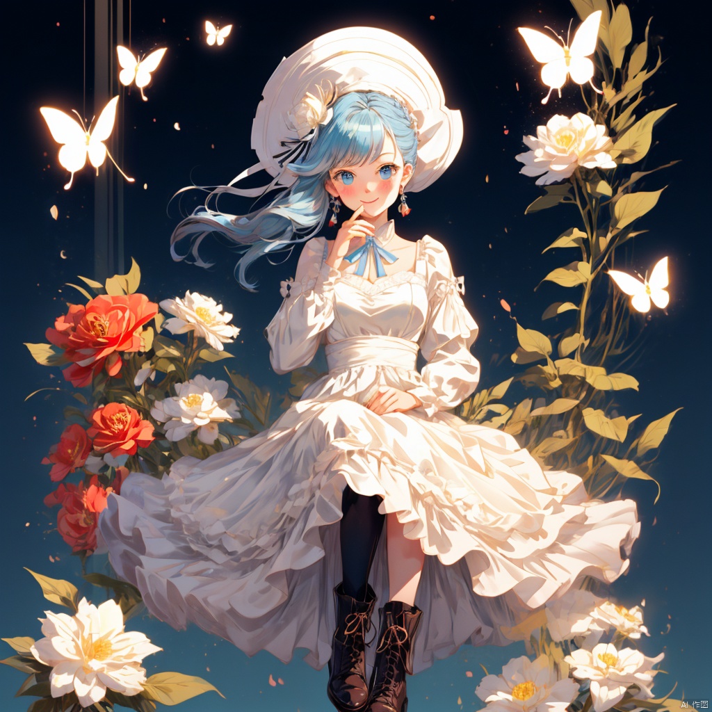  genshin_impact kamisato_ayaka commentary highres 1girl back_bow blue_bow blue_dress blue_eyes blue_hair blunt_bangs blush boots bow braid brown_footwear brown_headwear butterfly_hair_ornament closed_mouth collar dress flower hair_flower hair_ornament hair_up hand_up hat hat_ribbon light_blue_hair long_hair looking_at_viewer mole mole_under_eye official_alternate_costume official_alternate_hairstyle pantyhose ribbon sitting smile solo white_collar white_flower white_pantyhose white_ribbon, 1girl, mtianmei, best quality, chinese style