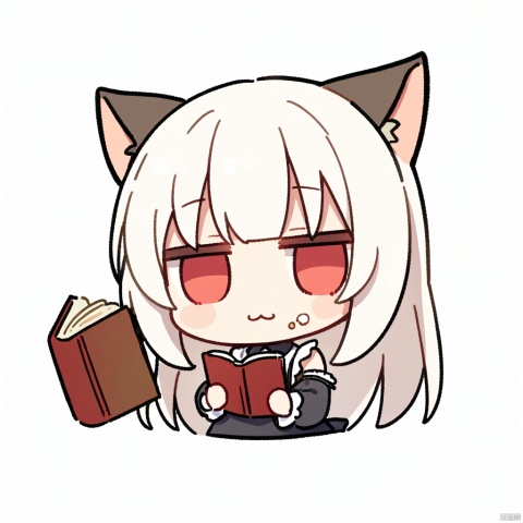  1girl, loli,solo,white hair,long hair,bangs,red eyes,maid,cat ears,
fumo,
:3, jitome, book, food_on_face, simple_background, white_background, holding_book, chibi, eating, open_book, looking_at_viewer, upper_body