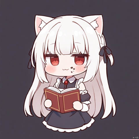  1girl, loli,solo,white hair,long hair,bangs,red eyes,maid,cat ears,

:3, jitome, book, food_on_face, simple_background, white_background, holding_book, chibi, eating, open_book, looking_at_viewer, upper_body