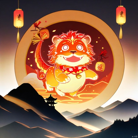  The character is holding a string of red firecrackers,a vibrant and animated character that appears to be a fusion of a dragon and a lion. The character is predominantly red with white accents, and it has a cheerful expression with wide eyes and a broad smile. It holds a golden bell in one hand and a golden rattle in the other. The character is adorned with a golden necklace that has a pendant with Chinese characters. The background is a warm orange hue, with floating lanterns and a silhouette of a mountain rangee