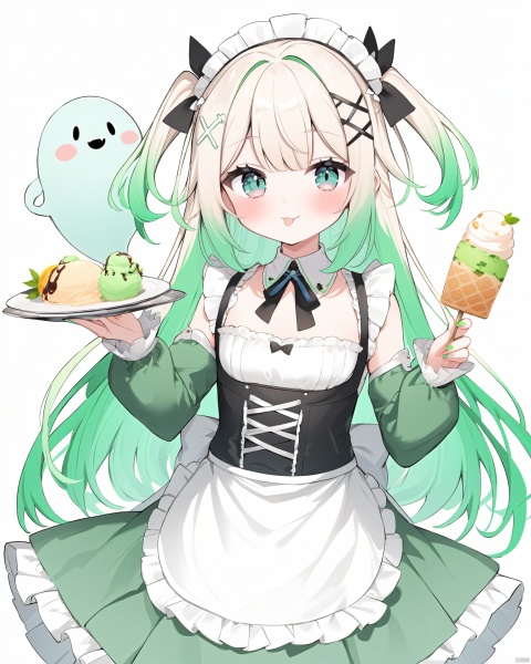 Best-A,umireki,1girl, apron, black_ribbon, blue_eyes, blue_ribbon, detached_collar, detached_sleeves, dress, food, frilled_dress, frilled_sleeves, frills, ghost, ghost_girl, gradient_hair, green_dress, green_hair, green_nails, hair_ornament, highres, holding, holding_food, holding_ice_cream, holding_plate, ice_cream, indie_virtual_youtuber, long_sleeves, looking_at_viewer, maid, maid_apron, maid_headdress, mint_fantome, multicolored_hair, plate, ribbon, sleeves_past_wrists, solo, tongue, tongue_out, triangular_headpiece, two_side_up, umireki, virtual_youtuber, white_background, white_hair, x_hair_ornament