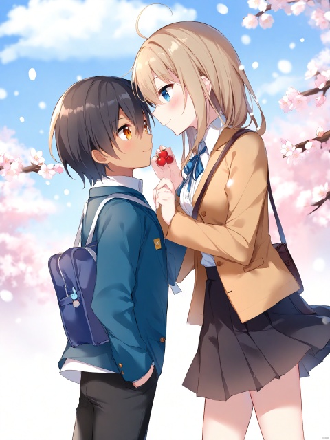 Best-A,[(mafuyu:0.6)|(nachoneko:0.7)],1boy, 1girl, autumn, autumn_leaves, bag, bai_qi-qsr, berry, black_hair, black_pants, black_skirt, blue_bag, blue_eyes, blue_sky, branch, brown_hair, brown_jacket, buttons, cherry_blossoms, chinese_commentary, closed_mouth, collared_shirt, commentary_request, dark_skin, day, face-to-face, feet_out_of_frame, fingernails, flower, from_side, hair_between_eyes, happy, height_difference, high_collar, highres, hori-san_to_miyamura-kun, hori_kyouko, jacket, long_hair, long_sleeves, looking_at_hand, loose_hair_strand, miniskirt, miyamura_izumi, orange_eyes, pants, pink_flower, pinky_swear, pleated_skirt, pocket, red_flower, school_bag, school_uniform, shirt, short_hair, short_sleeves, shoulder_bag, single_sidelock, skirt, sky, smile, snow, snowing, spring_\(season\), summer, v-neck, white_background, white_shirt, white_sleeves, winter