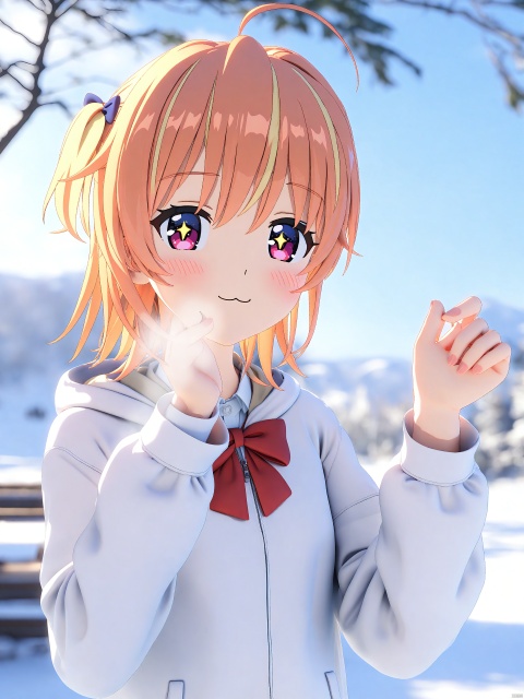 +_+, 1girl, 3d, :3, ahoge, artist_request, behind_tree, blender_\(medium\), blonde_hair, blurry, blurry_background, blush, bow, bowtie, breath, bright_pupils, closed_mouth, collared_shirt, commentary_request, day, hands_up, highres, hood, hood_down, hoodie, long_sleeves, looking_at_viewer, medium_hair, multicolored_eyes, multicolored_hair, orange_hair, outdoors, pink_eyes, purple_eyes, red_bow, red_bowtie, rinne_\(rinrinne\), rinrinne, shirt, smile, solo, split_mouth, standing, streaked_hair, tree, two_side_up, upper_body, virtual_youtuber, white_hoodie, white_pupils, white_shirt, winter