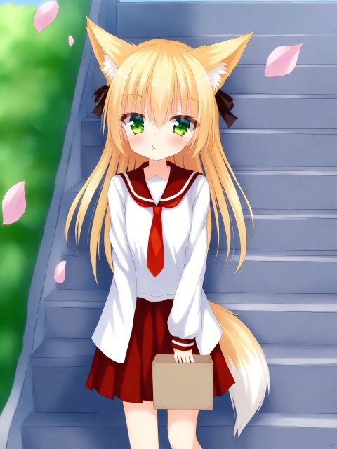 Medium-B,hakuto_momiji,1girl, \:t, absurdres, animal_ears, bad_id, bad_pixiv_id, black_ribbon, blonde_hair, box, character_request, closed_mouth, commentary_request, crack, day, donation_box, fox_ears, fox_girl, fox_tail, green_eyes, hair_between_eyes, hakuto_momiji, hidan_no_aria, highres, holding, holding_box, long_hair, long_sleeves, looking_at_viewer, necktie, outdoors, petals, pleated_skirt, pout, railing, red_necktie, red_skirt, ribbon, school_uniform, serafuku, shirt, skirt, solo, stairs, standing, statue, stone_stairs, tail, white_shirt