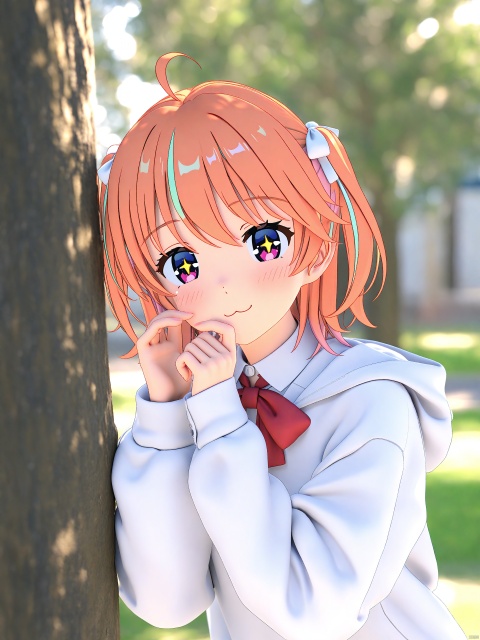 +_+, 1girl, 3d, :3, ahoge, artist_request, behind_tree, blender_\(medium\), blonde_hair, blurry, blurry_background, blush, bow, bowtie, breath, bright_pupils, closed_mouth, collared_shirt, commentary_request, day, hands_up, highres, hood, hood_down, hoodie, long_sleeves, looking_at_viewer, medium_hair, multicolored_eyes, multicolored_hair, orange_hair, outdoors, pink_eyes, purple_eyes, red_bow, red_bowtie, rinne_\(rinrinne\), rinrinne, shirt, smile, solo, split_mouth, standing, streaked_hair, tree, two_side_up, upper_body, virtual_youtuber, white_hoodie, white_pupils, white_shirt, winter
