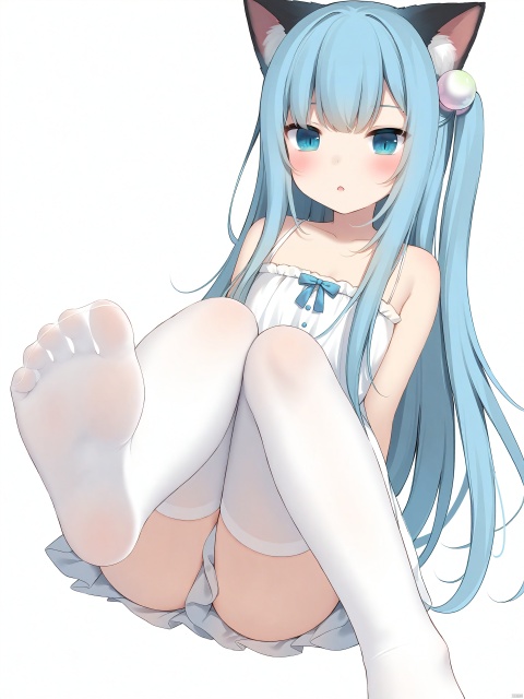 best-A,nachoneko, masterpiece, bestquality, 1girl, solo, animal ears, long hair, blue eyes, cat ears, parted lips,(slit_pupils:0.7),blue hair, white background, looking at viewer, bangs, bare shoulders, simple background, collarbone, dress, hair ornament, blush, white dress, upper body, animal ear fluff, sleeveless dress, bare arms, sleeveless, one side up, very long hair, hair bobbles, white legwear, white stockings, thighhighs, white thighhighs, feet, bare feet, toes, foot focus, legs, thighs,