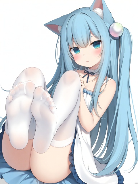 best-A,nachoneko, masterpiece, bestquality, 1girl, solo, animal ears, long hair, blue eyes, cat ears, parted lips,(slit_pupils:0.7),blue hair, white background, looking at viewer, bangs, bare shoulders, simple background, collarbone, dress, hair ornament, blush, white dress, upper body, animal ear fluff, sleeveless dress, bare arms, sleeveless, one side up, very long hair, hair bobbles, white legwear, white stockings, thighhighs, white thighhighs, feet, bare feet, toes, foot focus, legs, thighs,