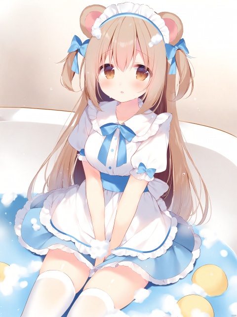 Best-A,ame_usari,1girl, ame_usari, animal_ears, bathtub, bear_ears, between_legs, blue_bow, bow, breasts, brown_eyes, commentary_request, dress, frilled_dress, frills, hair_between_eyes, hair_bow, hand_between_legs, highres, holding, indoors, light_brown_hair, long_hair, looking_at_viewer, maid_headdress, medium_breasts, moe2023, original, parted_lips, puffy_short_sleeves, puffy_sleeves, short_sleeves, sitting, soap_bubbles, solo, sponge, thighhighs, two_side_up, very_long_hair, white_bow, white_dress, white_thighhighs