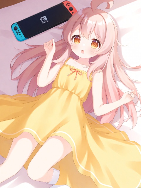 Best-A,yottacc,1girl, \:o, ahoge, bare_arms, bare_legs, bobby_socks, brown_eyes, chinese_commentary, commentary_request, dress, hair_spread_out, handheld_game_console, highres, holding, holding_handheld_game_console, light_blush, long_hair, looking_at_viewer, lying, nintendo_switch_lite, no_shoes, on_back, onii-chan_wa_oshimai\!, open_mouth, oyama_mahiro, pink_hair, sleeveless, sleeveless_dress, socks, solo, white_socks, yellow_dress, yottacc