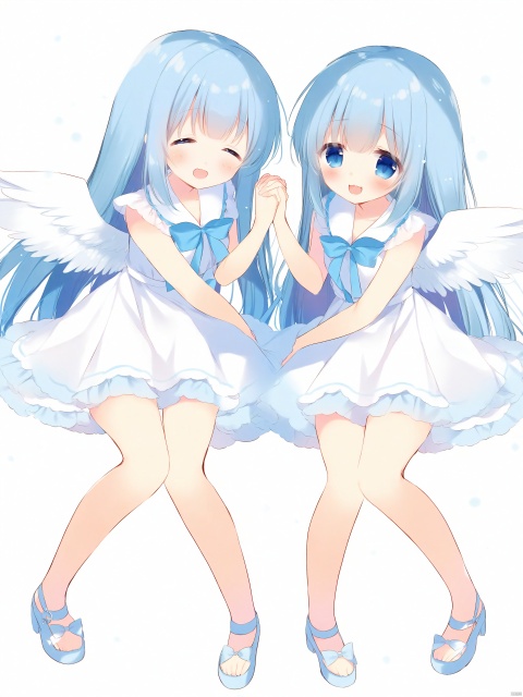 Best-A,ame_usari,2girls, absurdres, ame_usari, angel_wings, bad_id, bad_pixiv_id, blue_eyes, blue_hair, closed_eyes, dress, highres, holding, holding_hands, instrument, knees_together_feet_apart, leaning_forward, long_hair, multiple_girls, near_\(sound_voltex\), noah_\(sound_voltex\), open_mouth, ribbon, sandals, short_dress, siblings, sisters, sitting, smile, sound_voltex, thigh_gap, trumpet, twins, white_dress, wings