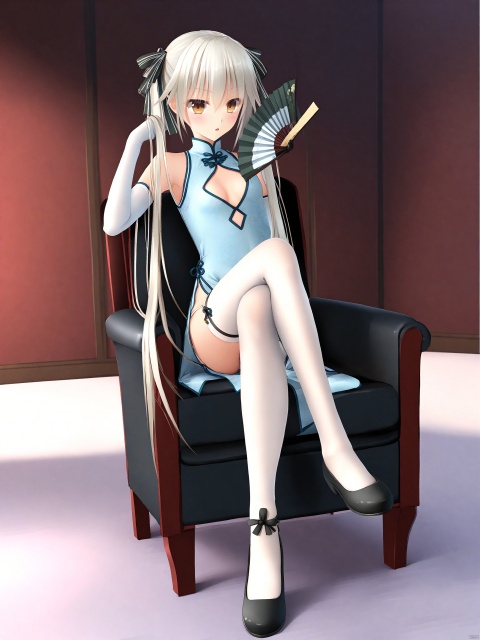 Best-A ,(((kasugano_sora))),3D Style,((yosuga_no_sora)),1girl, ???_\(sdg19881022\), bare_shoulders, black_footwear, breasts, brown_eyes, chair, china_dress, chinese_clothes, cleavage_cutout, clothing_cutout, commentary, crossed_legs, dress, elbow_gloves, folding_fan, gloves, hair_ribbon, hand_fan, hand_in_own_hair, holding, holding_fan, indoors, kasugano_sora, long_hair, long_legs, panties, photoshop_\(medium\), ribbon, shoes, sitting, small_breasts, solo, thighhighs, twintails, underwear, white_hair, white_thighhighs, yosuga_no_sora