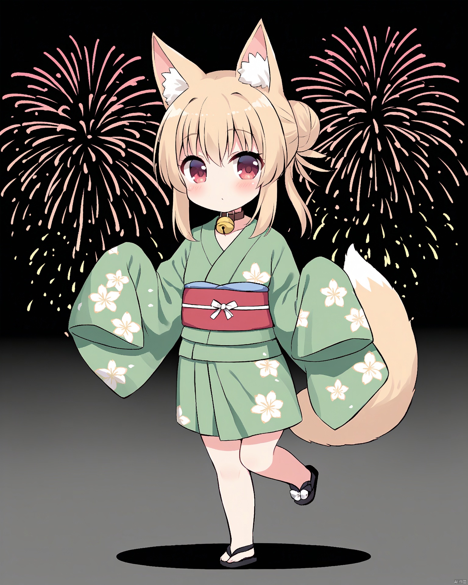 Best-A,kemomimi-chan_\(naga_u\),1girl, aerial_fireworks, alternate_costume, animal_ear_fluff, animal_ears, bell, black_footwear, blonde_hair, blush, brown_collar, closed_mouth, collar, commentary_request, fireworks, flat_chest, floral_print, fox_ears, fox_girl, fox_tail, full_body, green_kimono, hair_between_eyes, hair_bun, hair_ornament, hands_up, japanese_clothes, jewelry, kemomimi-chan_\(naga_u\), kimono, long_hair, long_sleeves, looking_at_viewer, naga_u, neck_bell, obi, original, print_kimono, red_eyes, sash, sidelocks, single_hair_bun, sleeves_past_fingers, sleeves_past_wrists, solo, standing, standing_on_one_leg, tail, wide_sleeves, yukata
[[[[mafuyu|momoco]|[40hara|matcha]]|[[shiratama(shiratamaco)|kk_snake]|[tsukimi_(xiaohuasan)|kuavera]]]|[[[anoreika_tomoe|ao_jun]|[kenomotsu_yukuwa|kanora]]|[kofuyu_cofyuuun|kurage_cc]]]