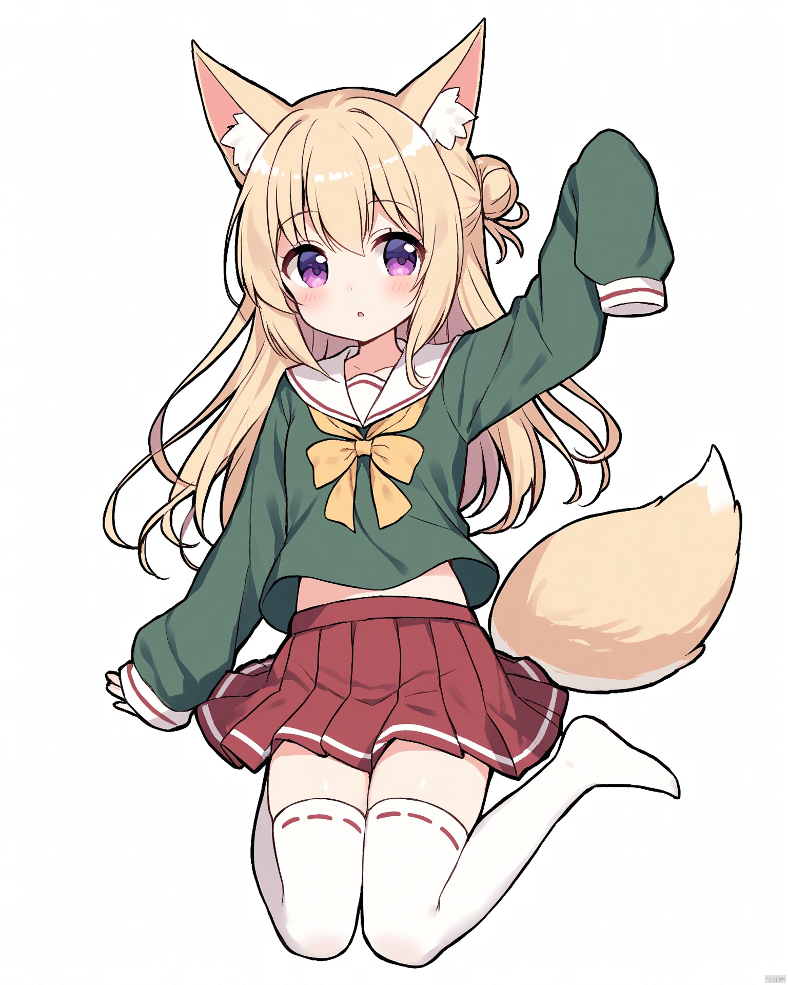 Best-A,kemomimi-chan_\(naga_u\),1girl, \:o, animal_ear_fluff, animal_ears, arm_up, blonde_hair, blush, borrowed_character, commentary_request, fox_ears, fox_girl, fox_tail, full_body, green_shirt, hair_between_eyes, hair_bun, hair_ornament, kemomimi-chan_\(naga_u\), long_hair, long_sleeves, looking_at_viewer, lying, on_side, original, parted_lips, pleated_skirt, purple_eyes, red_skirt, ribbon-trimmed_legwear, ribbon_trim, roku_no_hito, sailor_collar, shirt, single_hair_bun, skirt, sleeves_past_fingers, sleeves_past_wrists, solo, tail, thighhighs, white_background, white_sailor_collar, white_thighhighs
[[[[mafuyu|momoco]|[40hara|matcha]]|[[shiratama(shiratamaco)|kk_snake]|[tsukimi_(xiaohuasan)|kuavera]]]|[[[anoreika_tomoe|ao_jun]|[kenomotsu_yukuwa|kanora]]|[kofuyu_cofyuuun|kurage_cc]]]