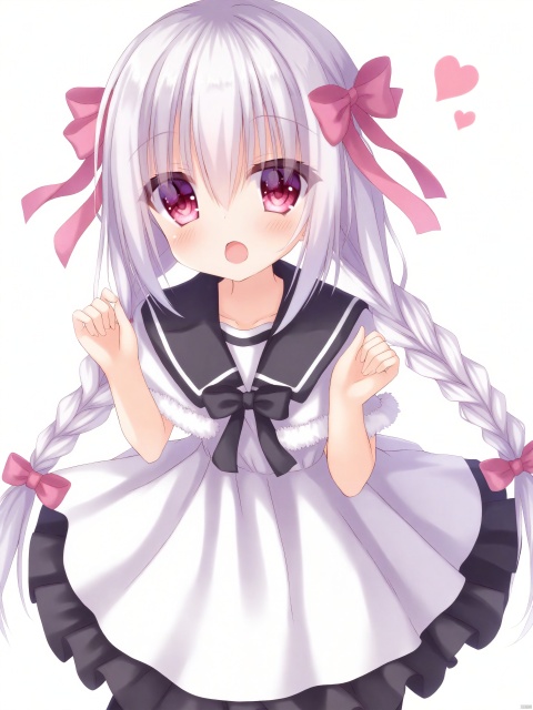 Medium-B,hakuto_momiji,1girl, \:o, absurdres, black_bow, black_pantyhose, black_sailor_collar, blush, bow, braid, capelet, collarbone, commentary_request, dress, frilled_dress, frills, fur-trimmed_capelet, fur_trim, hair_between_eyes, hair_bow, hakuto_momiji, hands_up, heart, heart_in_eye, highres, long_hair, open_mouth, original, pantyhose, pink_bow, red_eyes, sailor_collar, silver_hair, simple_background, solo, striped, striped_bow, symbol_in_eye, twin_braids, very_long_hair, white_background, white_capelet, white_dress