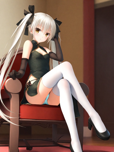 Best-A ,(((kasugano_sora))),3D Style,((yosuga_no_sora)),1girl, ???_\(sdg19881022\), bare_shoulders, black_footwear, breasts, brown_eyes, chair, china_dress, chinese_clothes, cleavage_cutout, clothing_cutout, commentary, crossed_legs, dress, elbow_gloves, folding_fan, gloves, hair_ribbon, hand_fan, hand_in_own_hair, holding, holding_fan, indoors, kasugano_sora, long_hair, long_legs, panties, photoshop_\(medium\), ribbon, shoes, sitting, small_breasts, solo, thighhighs, twintails, underwear, white_hair, white_thighhighs, yosuga_no_sora