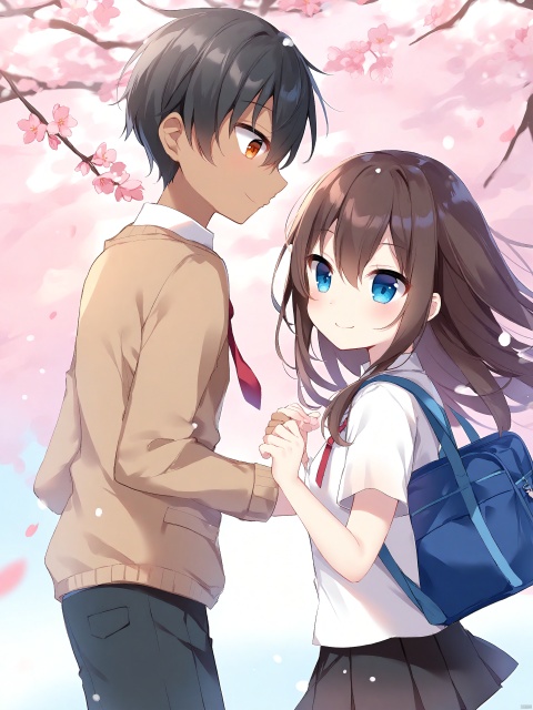 Best-A,[(mafuyu:0.6)|(nachoneko:0.7)],1boy, 1girl, autumn, autumn_leaves, bag, bai_qi-qsr, berry, black_hair, black_pants, black_skirt, blue_bag, blue_eyes, blue_sky, branch, brown_hair, brown_jacket, buttons, cherry_blossoms, chinese_commentary, closed_mouth, collared_shirt, commentary_request, dark_skin, day, face-to-face, feet_out_of_frame, fingernails, flower, from_side, hair_between_eyes, happy, height_difference, high_collar, highres, hori-san_to_miyamura-kun, hori_kyouko, jacket, long_hair, long_sleeves, looking_at_hand, loose_hair_strand, miniskirt, miyamura_izumi, orange_eyes, pants, pink_flower, pinky_swear, pleated_skirt, pocket, red_flower, school_bag, school_uniform, shirt, short_hair, short_sleeves, shoulder_bag, single_sidelock, skirt, sky, smile, snow, snowing, spring_\(season\), summer, v-neck, white_background, white_shirt, white_sleeves, winter