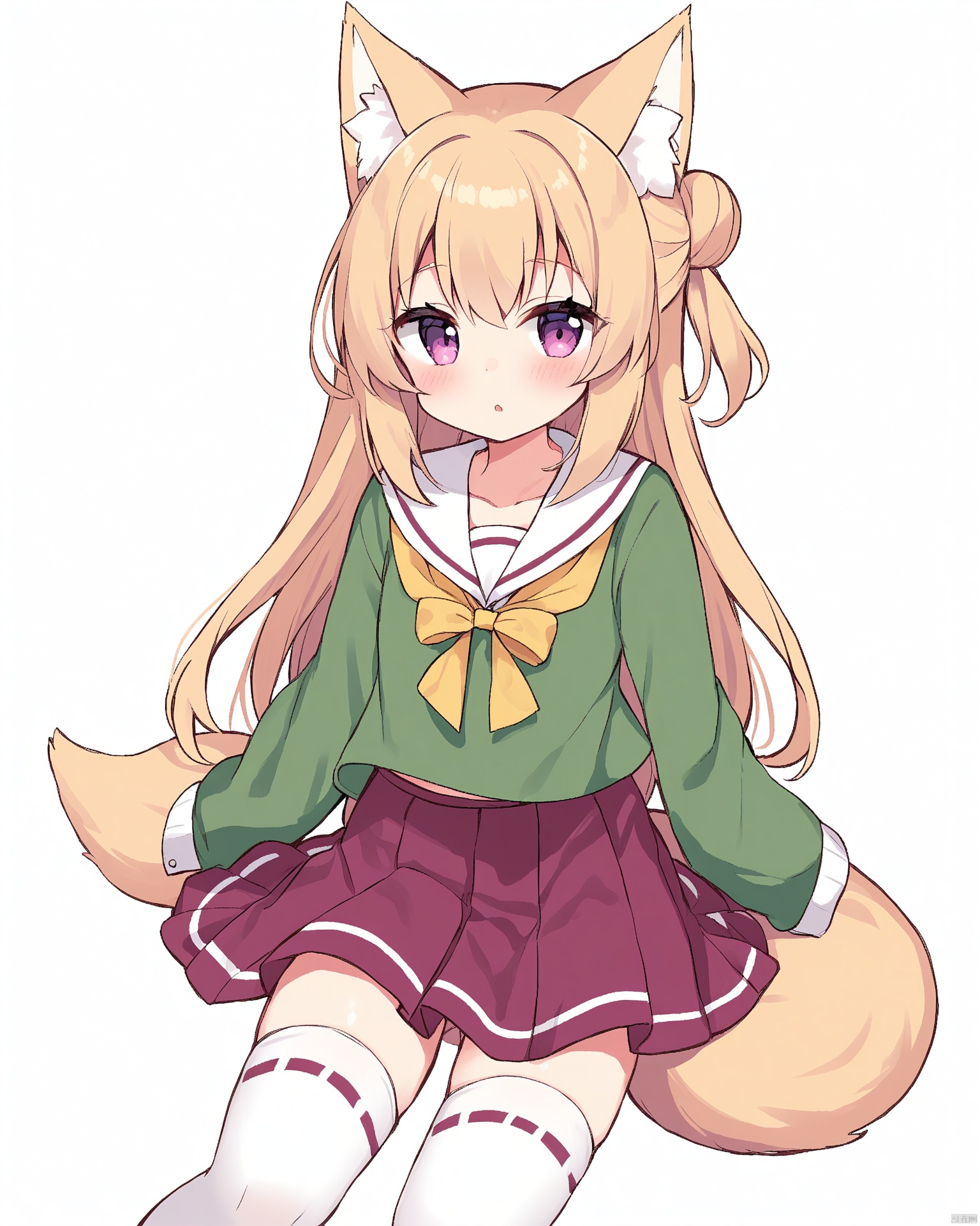 Best-A,kemomimi-chan_\(naga_u\),1girl, \:o, animal_ear_fluff, animal_ears, arm_up, blonde_hair, blush, borrowed_character, commentary_request, fox_ears, fox_girl, fox_tail, full_body, green_shirt, hair_between_eyes, hair_bun, hair_ornament, kemomimi-chan_\(naga_u\), long_hair, long_sleeves, looking_at_viewer, lying, on_side, original, parted_lips, pleated_skirt, purple_eyes, red_skirt, ribbon-trimmed_legwear, ribbon_trim, roku_no_hito, sailor_collar, shirt, single_hair_bun, skirt, sleeves_past_fingers, sleeves_past_wrists, solo, tail, thighhighs, white_background, white_sailor_collar, white_thighhighs
[[[[mafuyu|momoco]|[40hara|matcha]]|[[shiratama(shiratamaco)|kk_snake]|[tsukimi_(xiaohuasan)|kuavera]]]|[[[anoreika_tomoe|ao_jun]|[kenomotsu_yukuwa|kanora]]|[kofuyu_cofyuuun|kurage_cc]]]