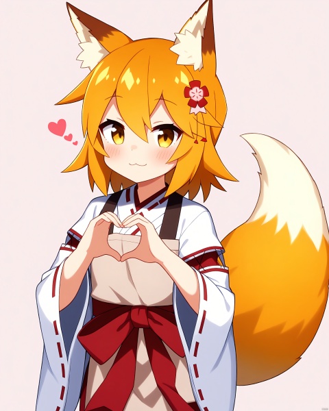 1girl, :3, animal_ear_fluff, animal_ears, apron, blonde_hair, closed_mouth, commentary, english_commentary, flower, fox_ears, fox_girl, fox_tail, hair_flower, hair_ornament, heart, heart_hands, highres, japanese_clothes, kimono, looking_at_viewer, mikoscrub, senko_\(sewayaki_kitsune_no_senko-san\), sewayaki_kitsune_no_senko-san, simple_background, smile, solo, tail, white_background, white_kimono, wide_sleeves, yellow_eyes