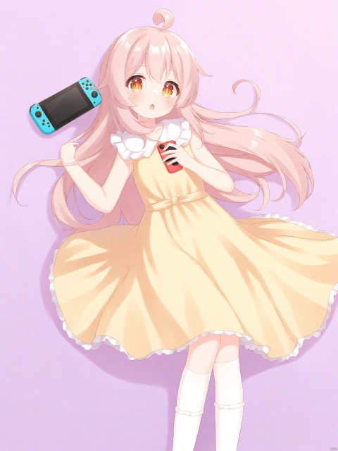 Best-A,yottacc,1girl, \:o, ahoge, bare_arms, bare_legs, bobby_socks, brown_eyes, chinese_commentary, commentary_request, dress, hair_spread_out, handheld_game_console, highres, holding, holding_handheld_game_console, light_blush, long_hair, looking_at_viewer, lying, nintendo_switch_lite, no_shoes, on_back, onii-chan_wa_oshimai\!, open_mouth, oyama_mahiro, pink_hair, sleeveless, sleeveless_dress, socks, solo, white_socks, yellow_dress, yottacc