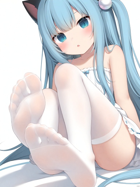 best-A,nachoneko,newest,recent, masterpiece, bestquality, great quality Best-A, nachoneko, 1girl, solo, animal ears, long hair, blue eyes, cat ears, parted lips,(slit_pupils:0.7, blue hair, white background, looking at viewer, bangs, bare shoulders, simple background, collarbone, dress, hair ornament, blush, white dress, upper body, animal ear fluff, sleeveless dress, bare arms, sleeveless, one side up, very long hair, hair bobbles, white legwear, white stockings, thighhighs, white thighhighs, feet, bare feet, toes, foot focus, legs, thighs(slit_pupils:0.7),