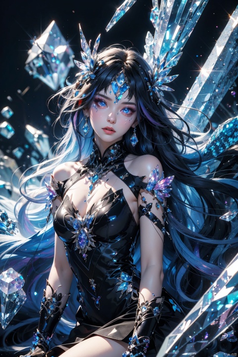  masterpiece, best quality, masterpiece,best quality,official art,extremely detailed CG unity 16k wallpaper,masterpiece, ((1girl)),(science fiction:1.1), (ultra-detailed crystallization:1.5), (crystallizing girl:1.5), kaleidoscope, ((iridescent:1.5) long hair), (glittering silver eyes), sitting, surrounded by colorful crystals, blue skin, (skin fusion with crystal:1.8), looking up, face focus, simple dress, transparent crystals, flat dark background, lens flare, prism,
